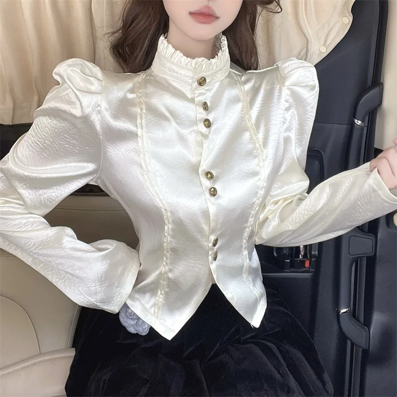 

Рубашка Женская атласная с рукавами-фонариками и воротником-стойкой