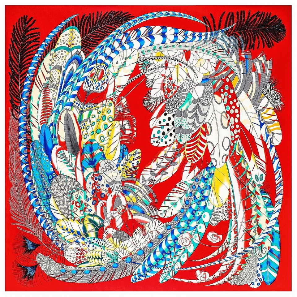 130cm Feather Design Brand Big Square Scarf Luxury Twill 100% Silk Scarf Women Kerchief Scarves For Ladies Fashion Shawl Echarpe 3