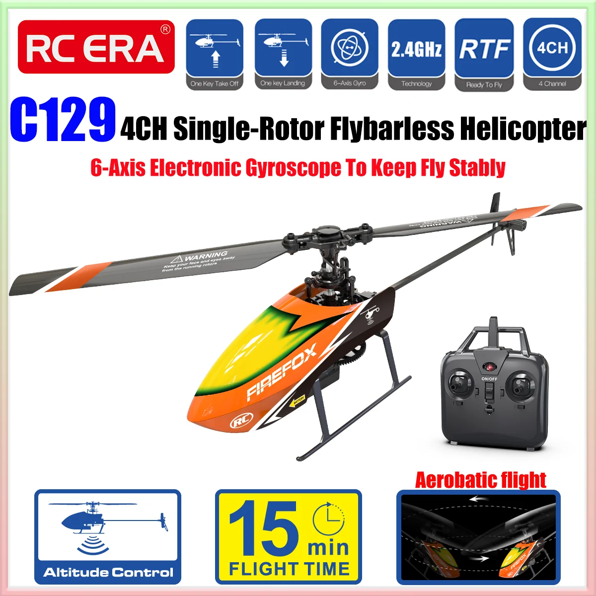 Mini-hélicoptère RC C129 4CH RTF - Stabilisation auto, 15 min vol, sans aileron