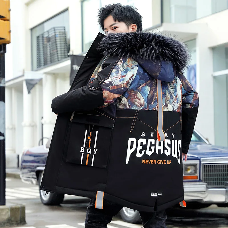 Fashion Men's Cotton Parkas 2023 Autumn Winter Mid Length Thickened Padded Jackets Outwear Fur Collar Long Top Down Coat Clothes