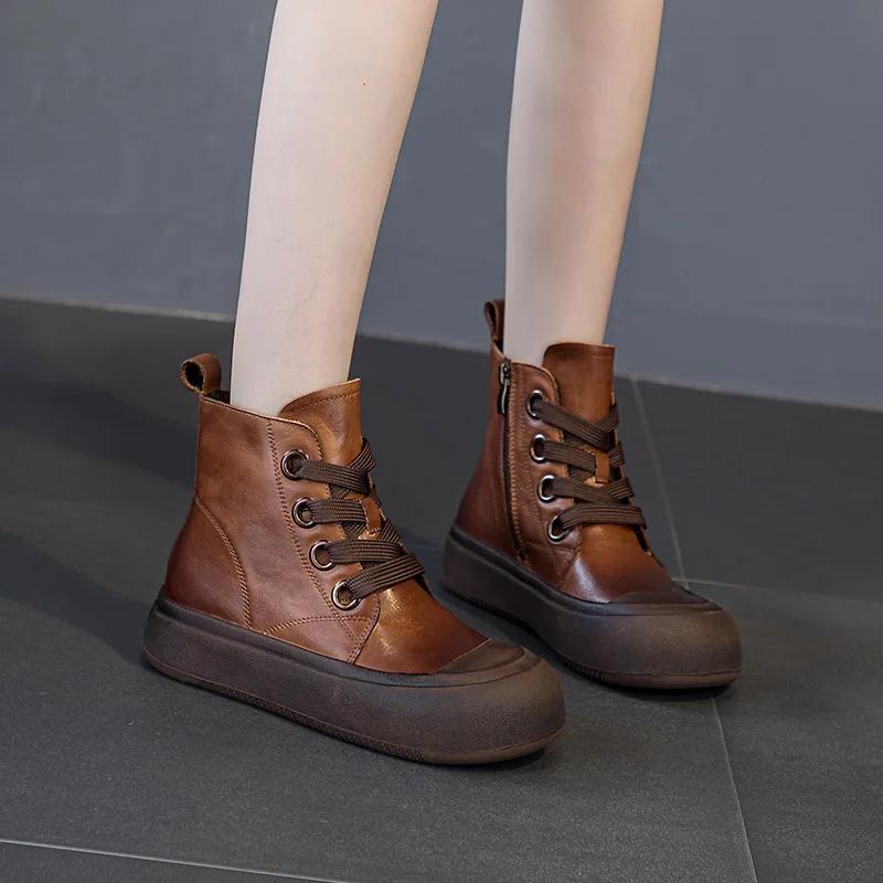 Booties Fall/Winter 2023 New Mid-Tube Women's Boots Top Layer Cowhide Thick Soled Fashion Versatile Leather Women's Boots