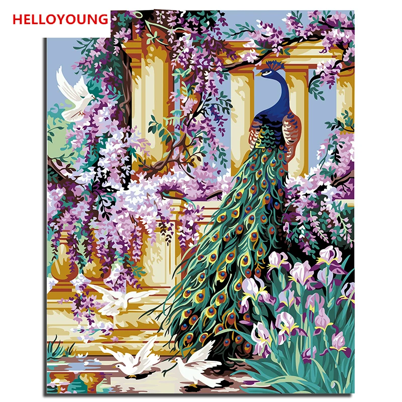 

HELLOYOUNG Digital Painting DIY Handpainted Oil Painting Peacock by numbers oil paintings chinese scroll paintings Home Decor