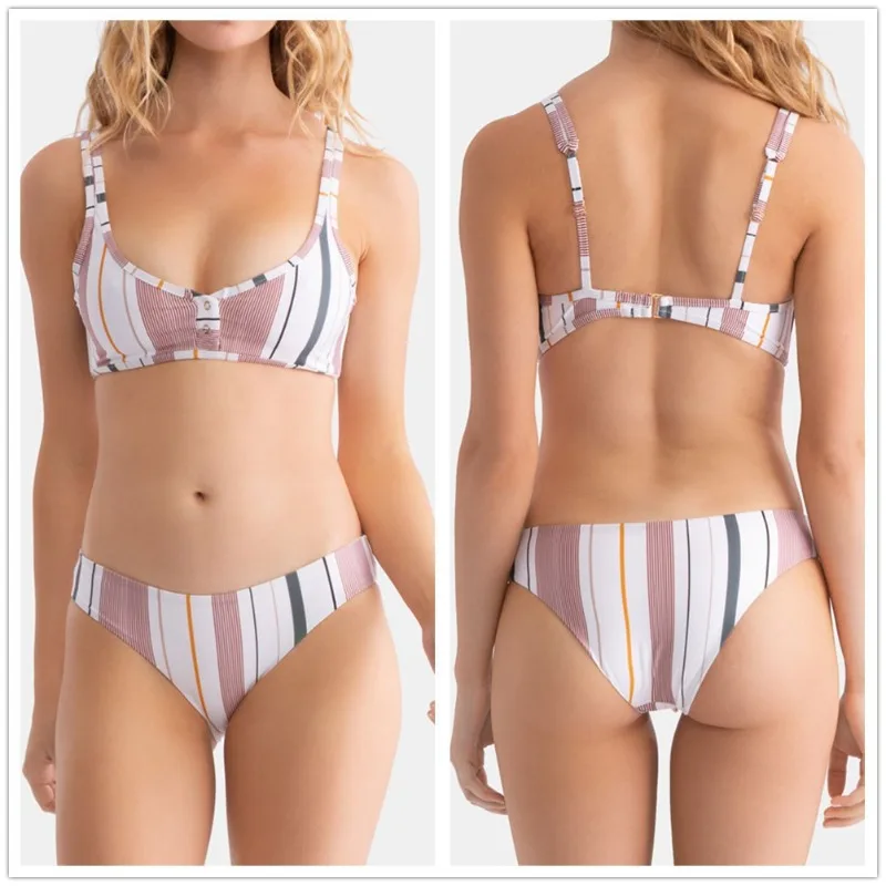 

New Women's Two-piece Swimsuit Striped Solid Color Sexy European Bikini Women