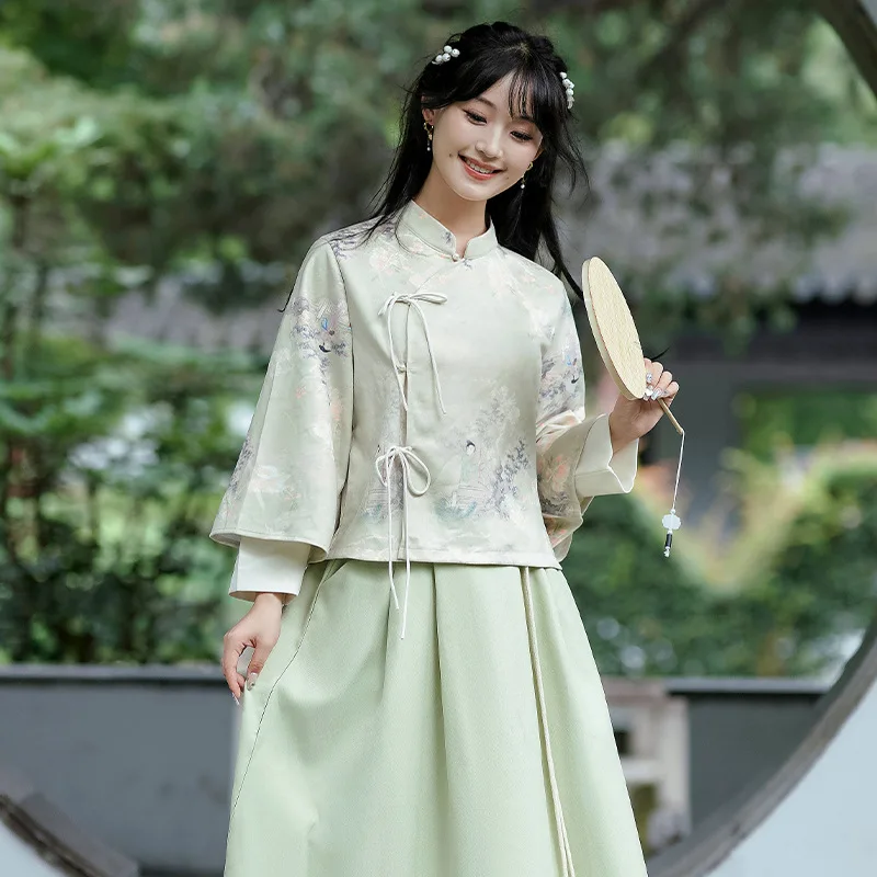 New Chinese Style Costumes Print Cheongsam Shirt Green Tang Clothes Young Girl Improved Hanfu Tops Loose Women Qipao Tops