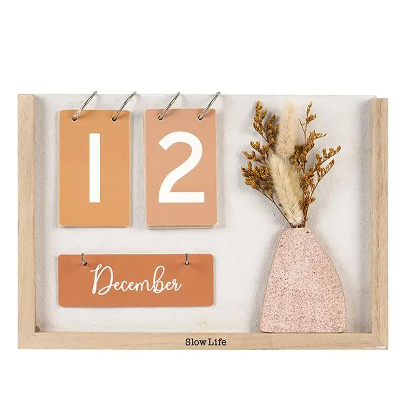 

2024 Wooden Frame Dried Flower Desk Calendar Creative Wooden Card Calendar High-Quality Desktop Calendar Decorate Supplies