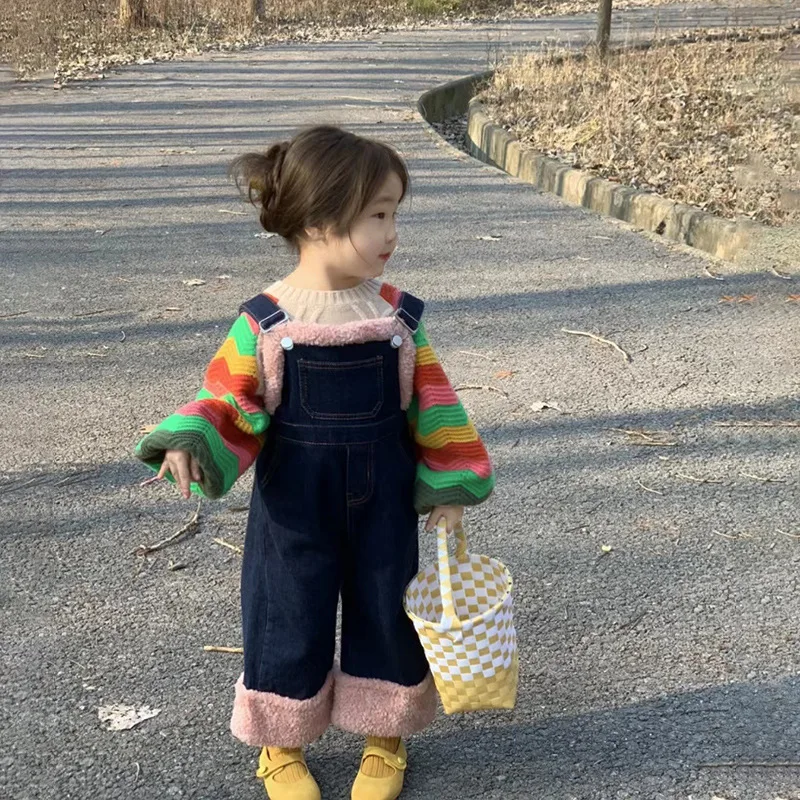 

Sweaters Korean Childrens Clothing Spring Autumn Girls Fashionable Jeans Casual Trousers Baby Strap Pants Striped