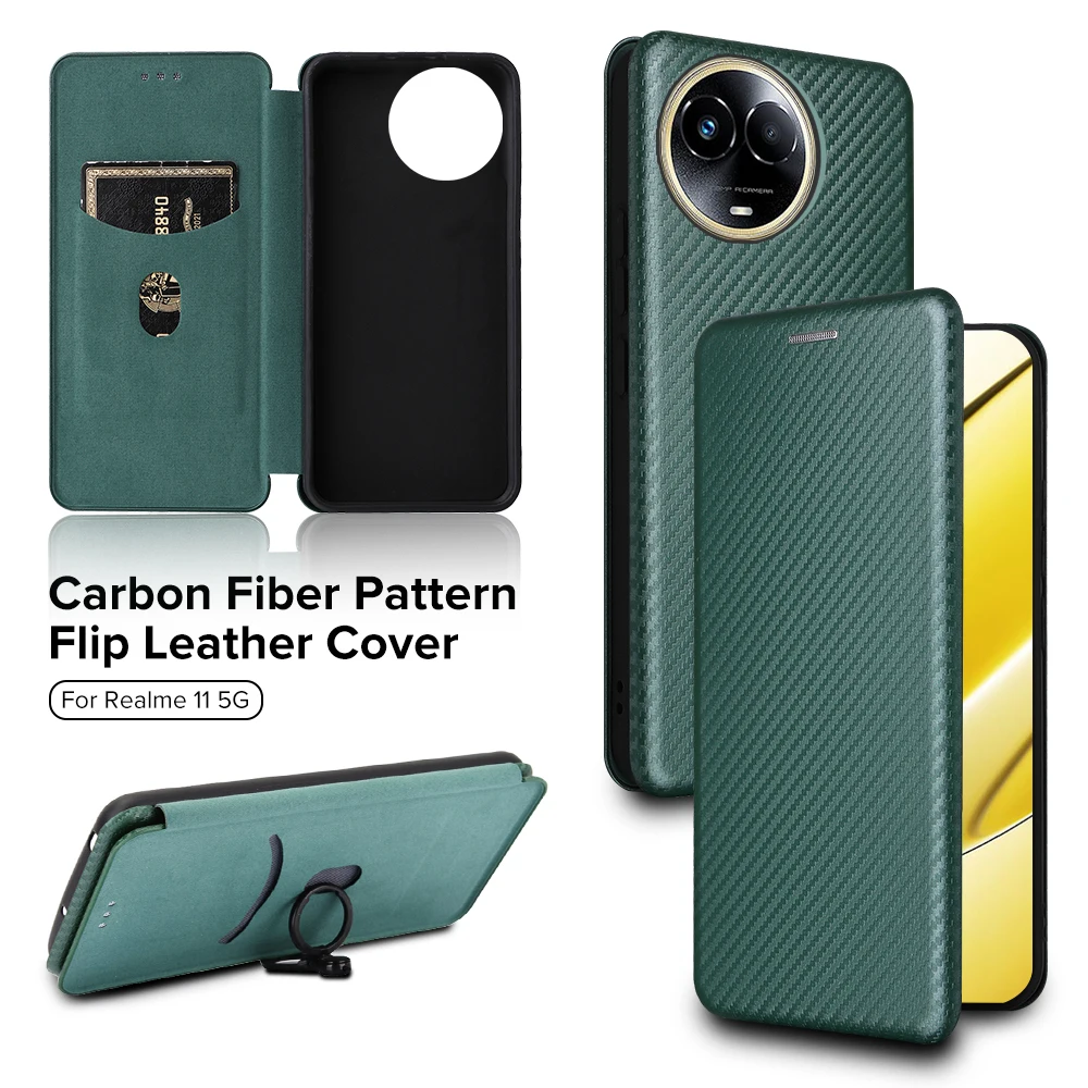 

For Realme 11 5G Global Version Case Carbon Fiber Texture Flip Leather Cover Realme11 Pro Plus 11 Pro+ Card Slot Ring Stand Capa