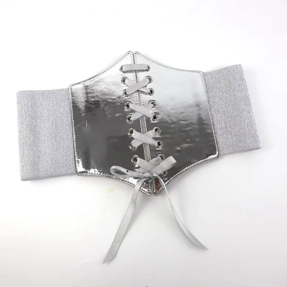 Versatile Retro Waist Belt Gold Silver Lace Up Corset Belt PU Leather Elastic Design Wide Belt for Women