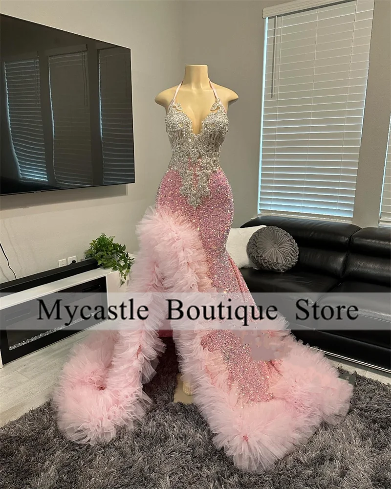 

Glitter Halter Pink Sequins Prom Dresses 2024 For Black Girl Beaded Appliques Rhinestones Ruffles Long Evening Dress
