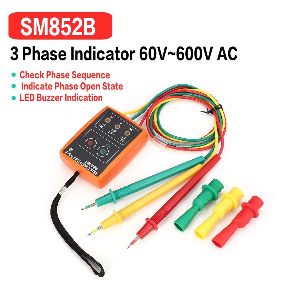 

SM852B 3 Phase Rotation Tester Digital Phase Indicator Detector LED Buzzer Phase Sequence Meter Voltage Tester 60V~600V AC