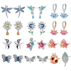 New in Fashion Spring Series Earrings For Women 925 Sterling Silver Butterfly Dragonfly Flower Ear Studs Fine Wedding Jewelry