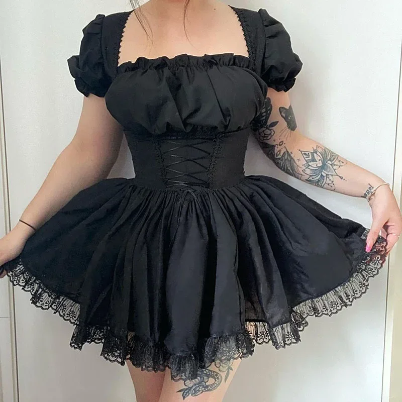 

Lolita Princess Black Gothic Sexy Mini Bad Girl Dress Japanese Kawaii High Waist Puff Sleeve Lace Ruffles White Party Robe Women