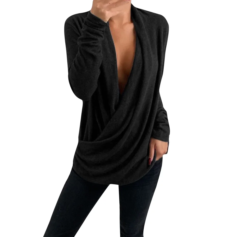 Women V Neck Long Sleeve Pleated Wrap Top