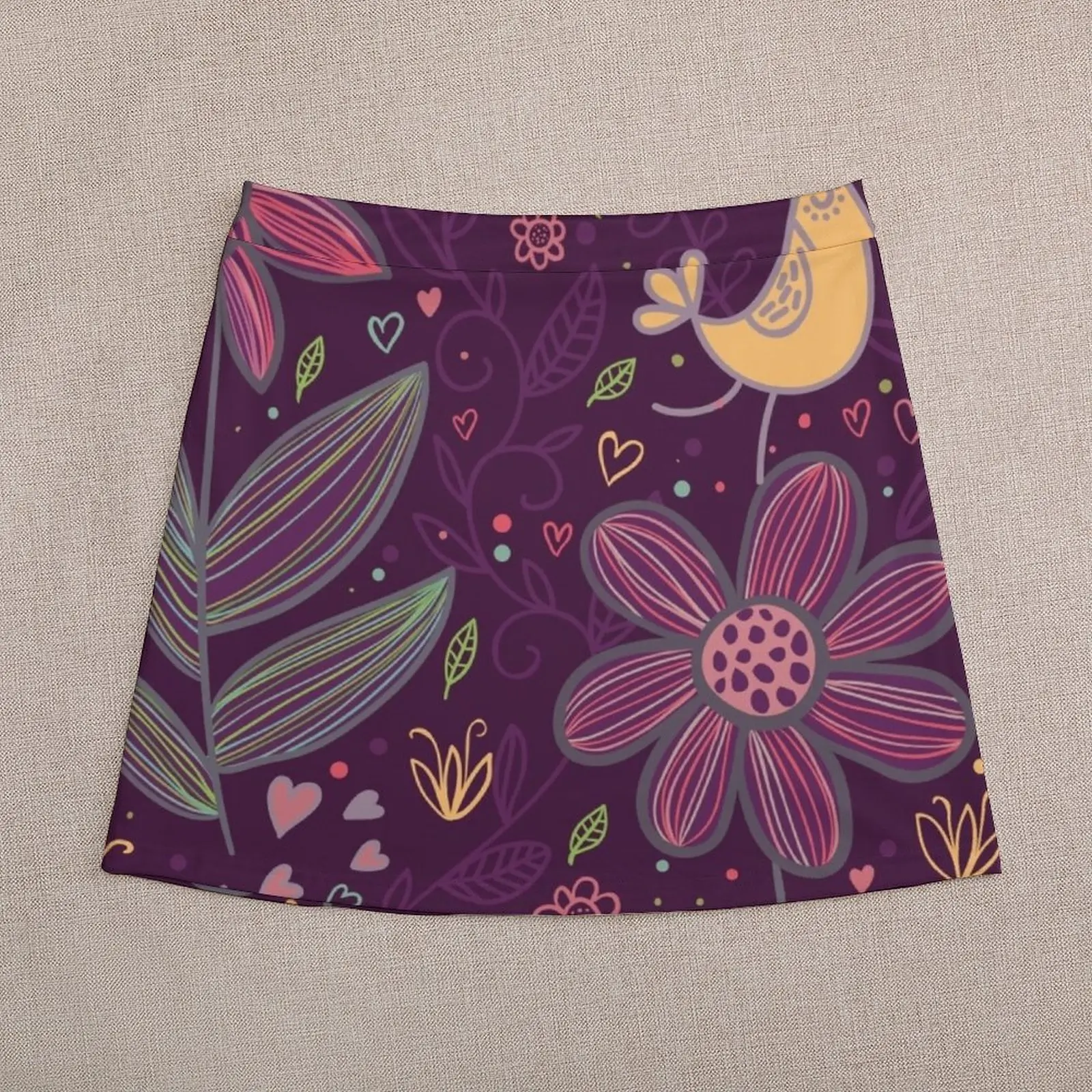 Whimsical Birds, Hearts, String Flowers Mini Skirt sexy skirt womens clothing girls skirt