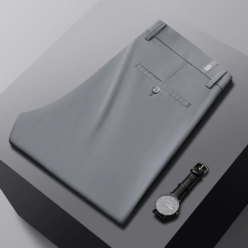 아이스 실크 비즈니스 캐주얼 바지 남성 봄/여름 신축성 바지 편안하고 통기성이 뛰어난 긴 스트레이트 레그 캐주얼 바지