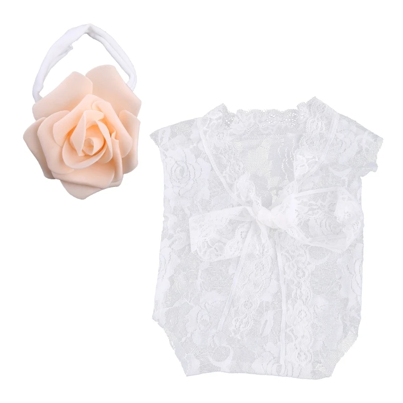

Newborn Photography Props Baby Hollow out Bowknot Lace Romper Flower Headband Outfit Jumpsuit Bodysuit Hair Band Clothin