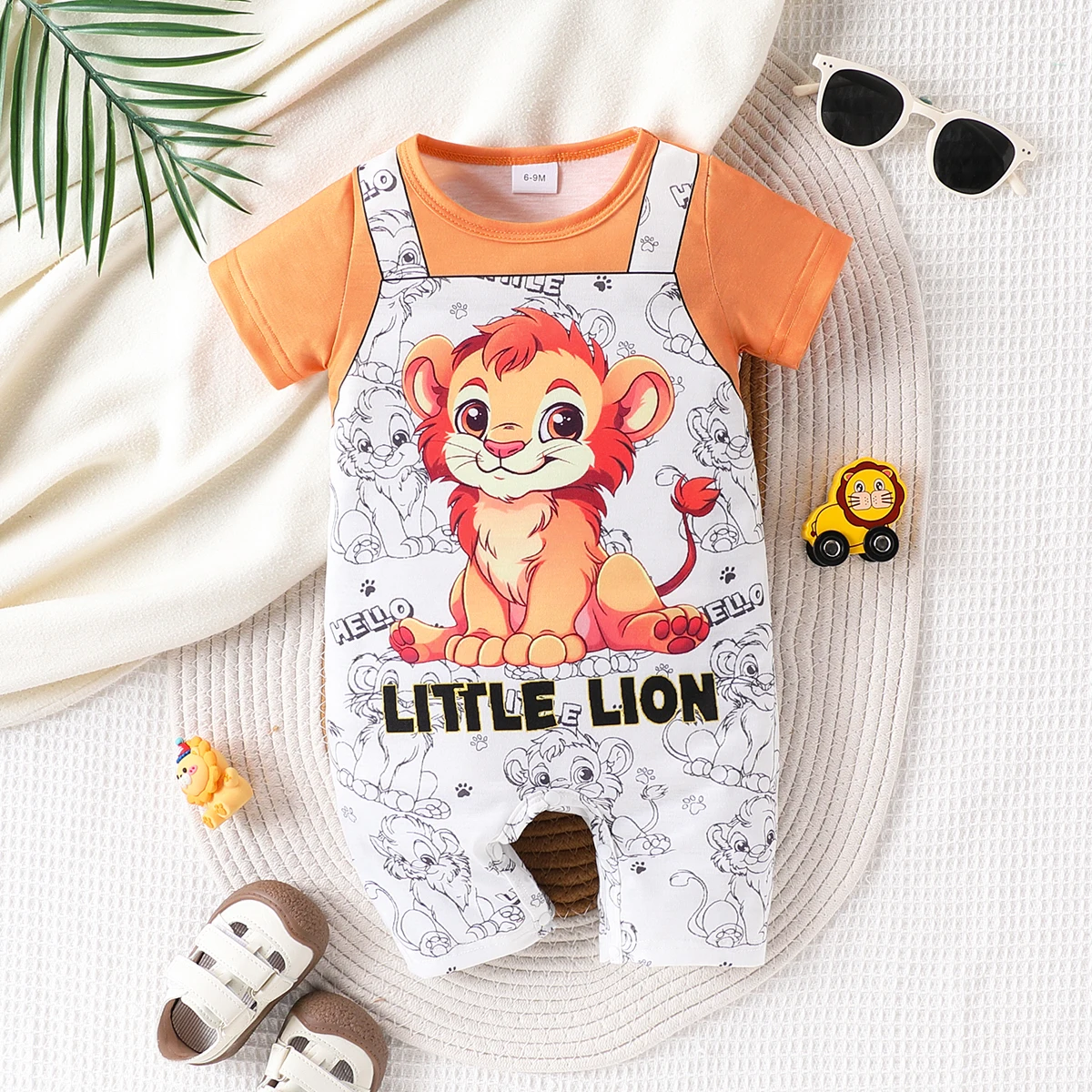 Baby boy casual cute cartoon animal full print splicing round neck short sleeved shorts jumpsuit summer Baby boy casual cute cartoon animal full print splicing round neck short sleeved shorts jumpsuit summer