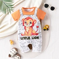 Baby boy casual cute cartoon animal full print splicing round neck short sleeved shorts jumpsuit summer