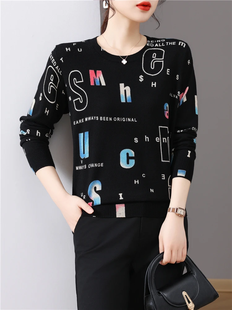 

Женские свитера с буквенным принтом, весна-осень, корейские модные пуловеры, Топ с длинным рукавом, блузы, женский тонкий вязаный свитер