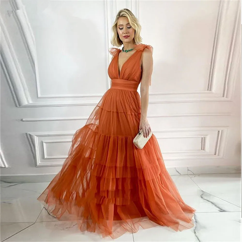 

Vinca Sunny Deep V-Neck Tulle Bow Straps Prom Dresses 2024 Backless Tiered Graduation Party Gowns Floor Length robes de soirée