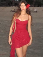 Nibber Sexy Tassel Double Deck Dress Women Sequins Solid Ruffles Spaghetti Strap Slim Sleeveless Lace Beach Vacation Bodycon