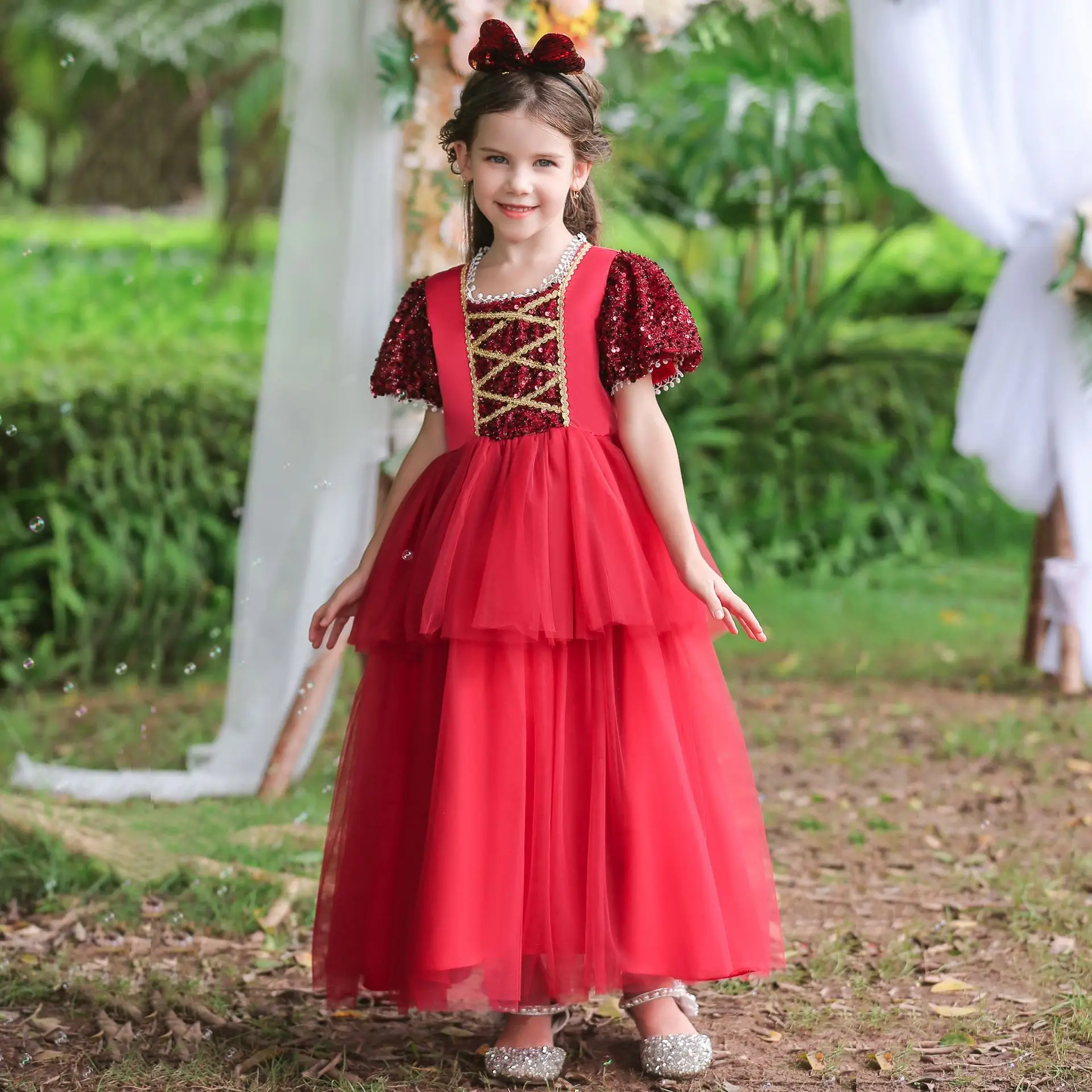 

BH-365#Flower Girl Dresses puff sleeves Children's Clothing Green Royal Blue Burgundy bow sequin Princess dress Long Party Prom