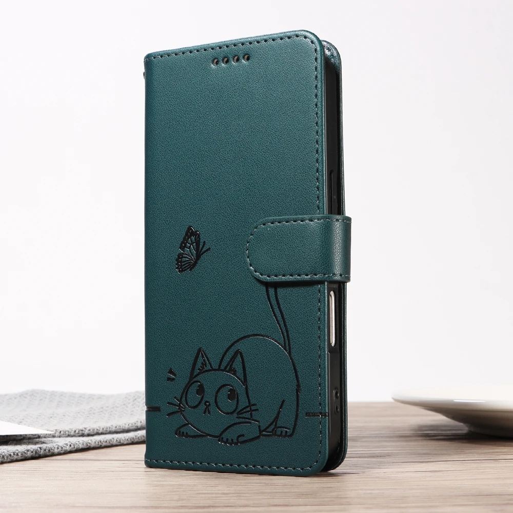 Premium Magnetic Leather Wallet Case with Cat and Butterfly Embossed Design