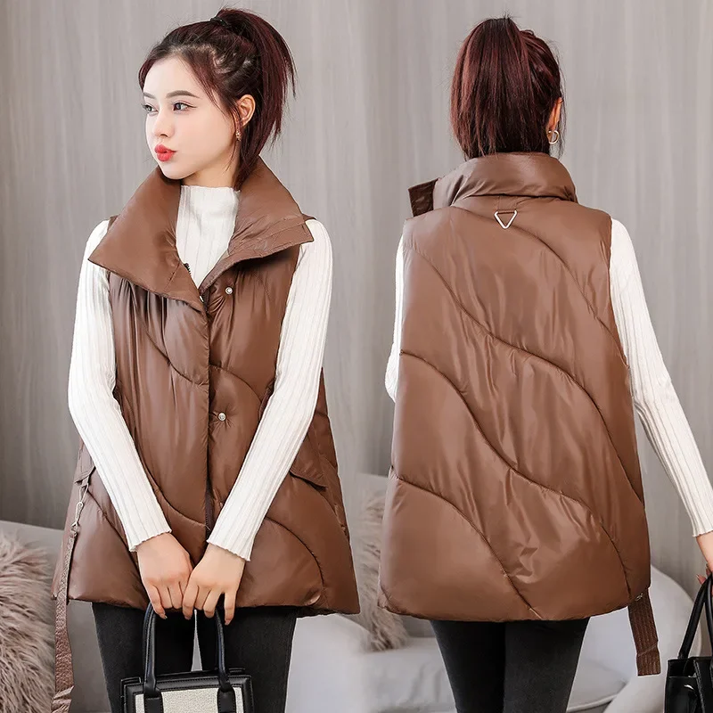 Casual Solid Warm Cotton Padded Vest Female Loose Short Waistcoat 2021 Women's Sleeveless Winter Jacket Glossy Stand Collar Coat