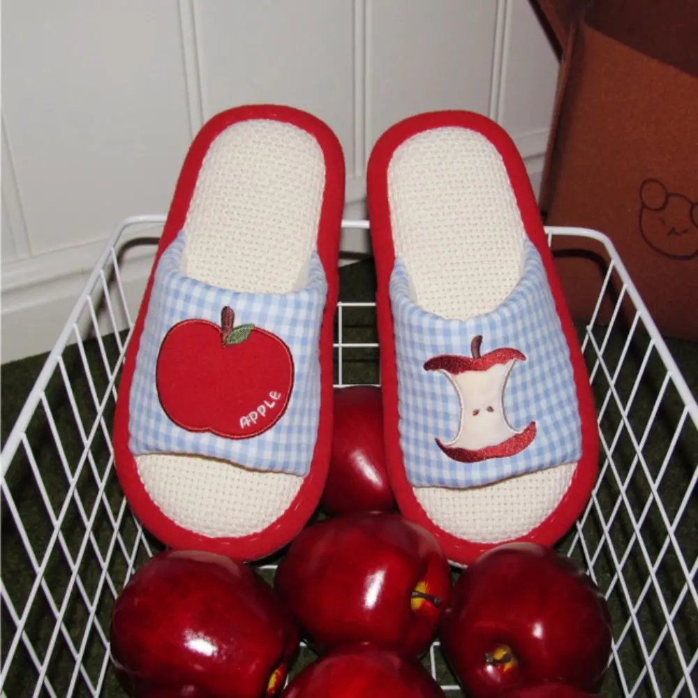 Bequeme Erdbeer-Hausschuhe aus Leinen, rutschfeste Gitterstreifen-Innenschuhe, weiche Leinensohle, süße Hausschuhe für Damen, Schlafzimmer – Detail 12