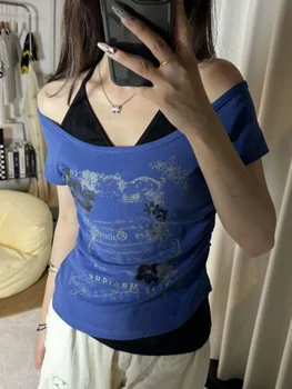 2025 الصيف خمر وهمية قطعتين الرسن الدانتيل يصل تي شيرت Y2k سليم صالح طباعة بلايز بلوزات غير مغطية للكتف قصيرة الأكمام تي شيرت 6