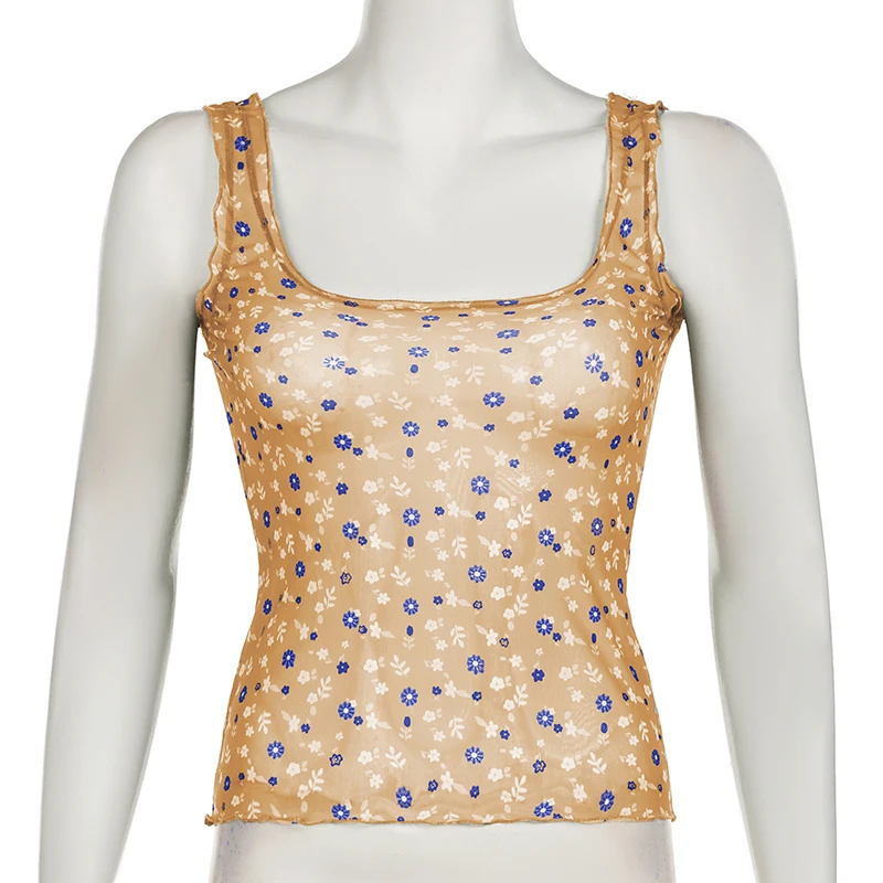 Camiseta sin mangas de malla transparente con estampado floral para mujer, camiseta de verano ajustada Y2K con cuello cuadrado vintage, camiseta sexy de moda