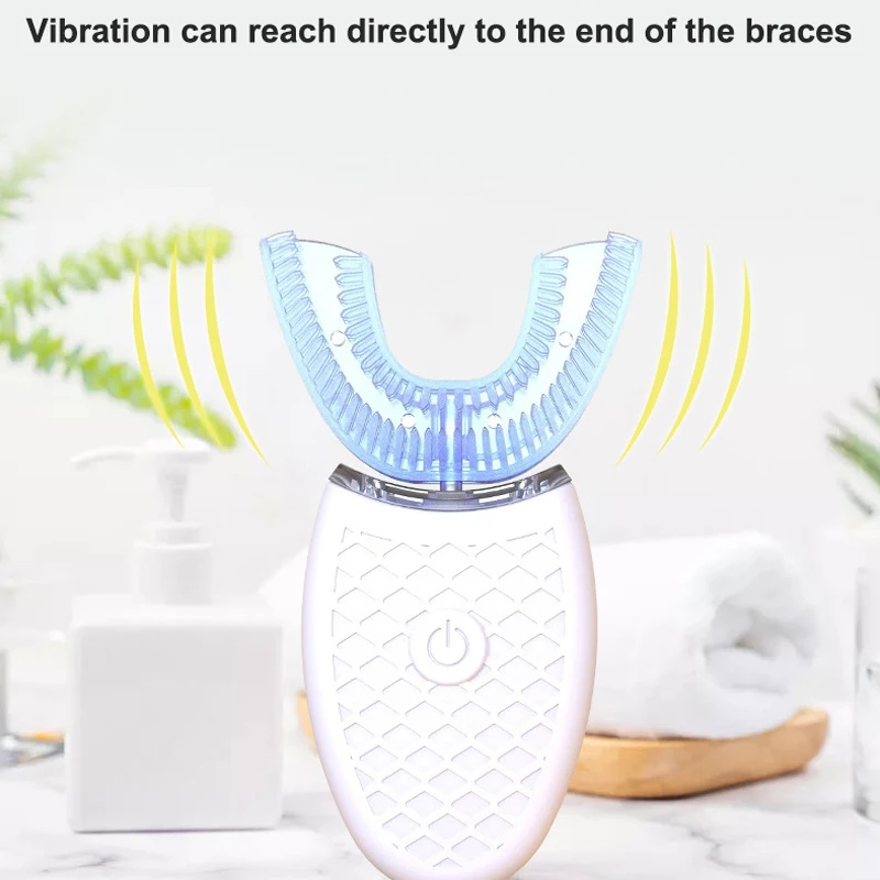 

Автоматическая электрическая зубная щетка, USB зарядное устройство для взрослых, отбеливание зубов, силиконовая звуковая зубная щетка U-образной формы, синяя, светильник, водонепроницаемая