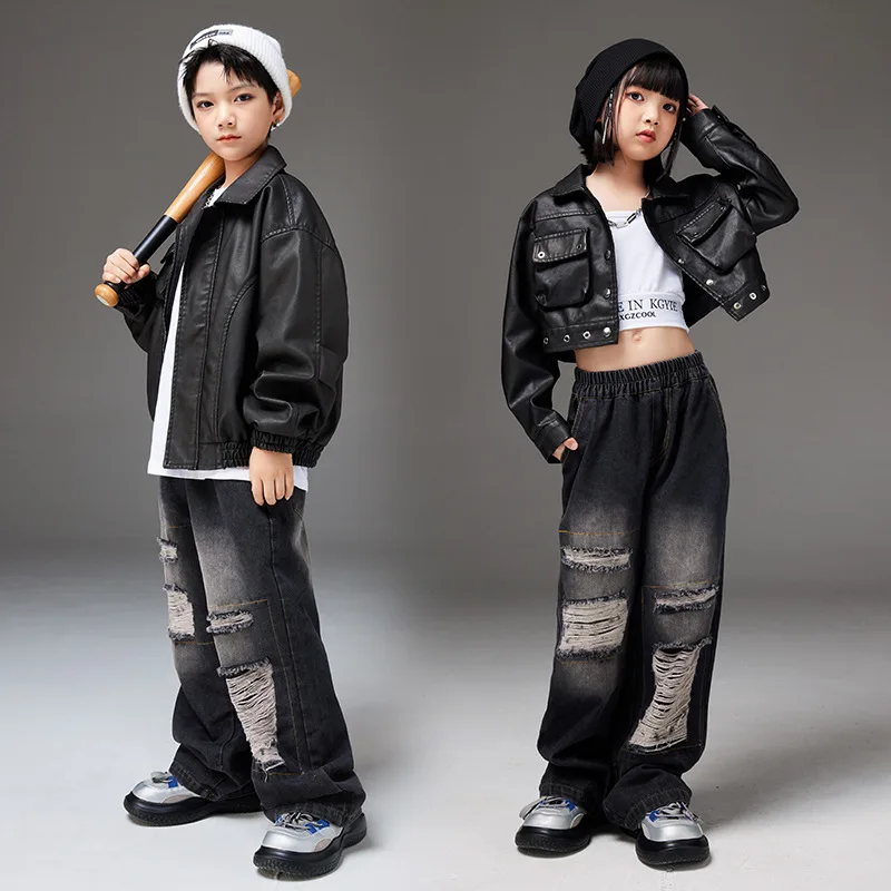 

Kid Hip Hop Clothing Black PU Bomber Jacket Crop Top Casual Ripped Jeans Baggy Pants for Girls Boys Jazz Dance Costume Clothes