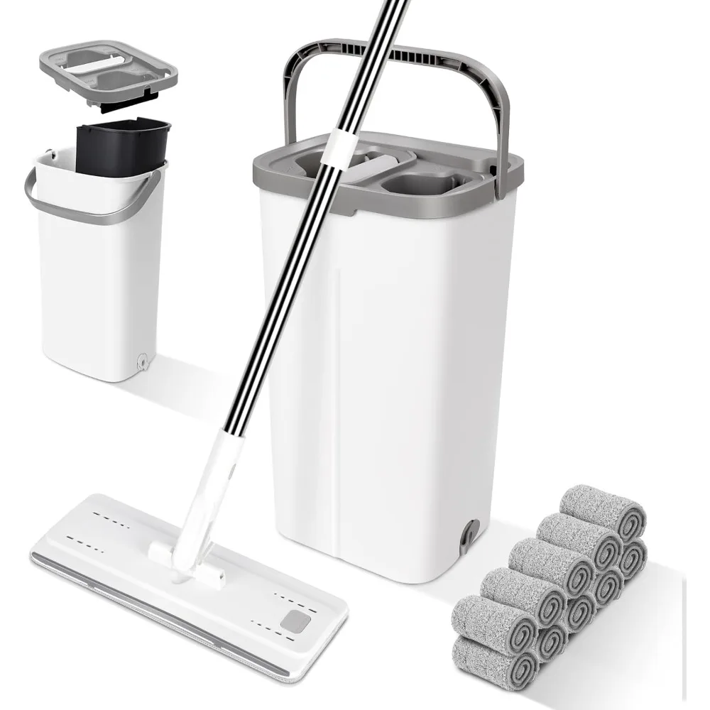 

Mop and Bucket with Wringer Set, Hands Free Flat Mop and Bucket System with 10 Washable Microfiber Mop Pads & 55.1"