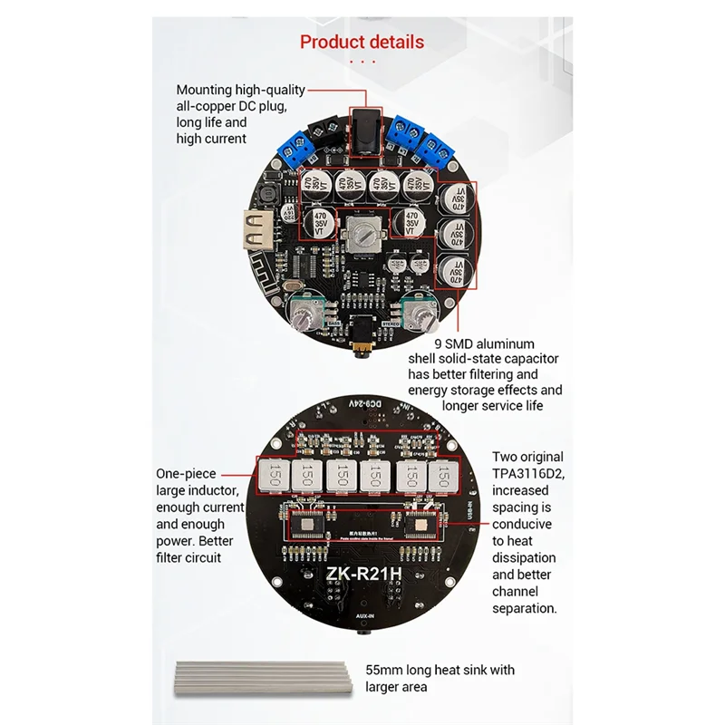 

-R21H Bluetooth Sound Power Amplifier Board 2.1 Channel Mini Audio Digital Amp Module TPA3116D2 50Wx2+100W Subwoofer