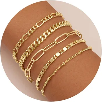 Gold Bracelets Set for Women,14K Gold Plated Dainty Gold Link Chain Bracelets Trendy Stackable Gold Cuff Bracelets Jewelry Gifts 1