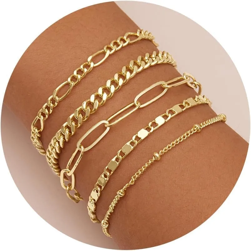 Gold Bracelets Set for Women,14K Gold Plated Dainty Gold Link Chain Bracelets Trendy Stackable Gold Cuff Bracelets Jewelry Gifts 1