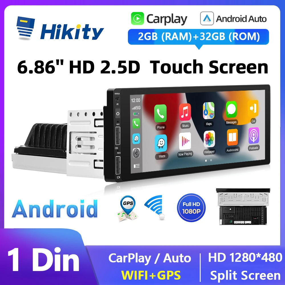 Hikity 1 din 안드로이드 자동차 라디오 멀티미디어 플레이어, 카플레이, 자동차 스테레오, MP5 플레이어, 블루투스, 폭스바겐, 닛산, 도요타, 혼다