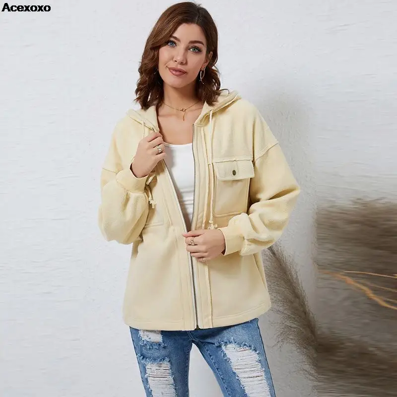 

Autumn and winter new women's fashion casual solid color zipper drawstring long sleeve jacket pocket coat
