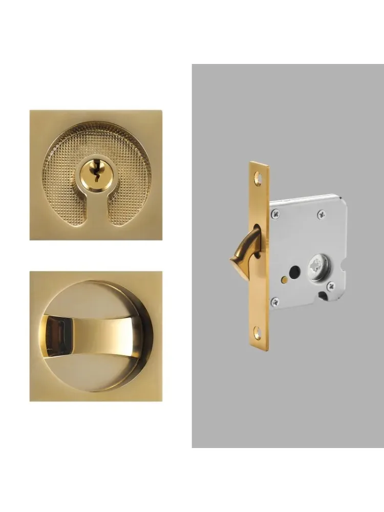Brass sliding door handle lock set, kitchen bathroom wooden door inlaid with ultra-thin shiny PVD gold matte black