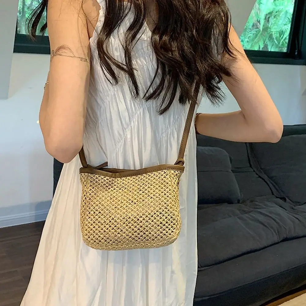 

Pu Leather Raffia Bag Simple Hollow Out Mobile Bag Weave Straw Crossbody Bag Bohemian Style Beach Handbags Girls
