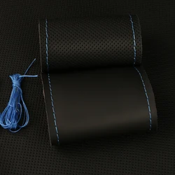 Premium Nappa Leather Steering Wheel Cover - Durable DIY Auto Accessory (Blue thread)