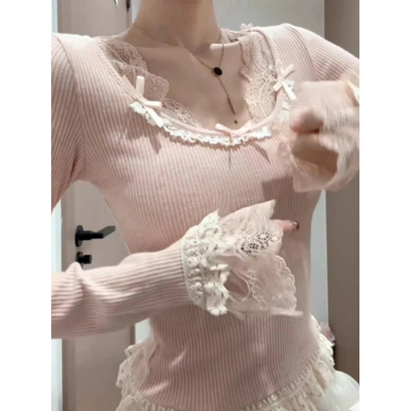 Lace T Shirt For Women Plaid Y2k Long Sleeve Tees Bow Solid Top Slim Spring Tshirt Female Korean Fashion Knitted Clothes 2025 1