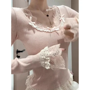Lace T Shirt For Women Plaid Y2k Long Sleeve Tees Bow Solid Top Slim Spring Tshirt Female Korean Fashion Knitted Clothes 2025 1
