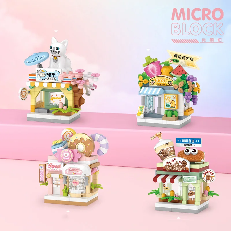 

Creative Micro Diamond Block Street View Pets Coffee Fruit Shop Candy Store Architecture Building Brick Nanobrick Toy For Gifts