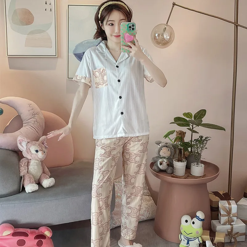 Summer Ins Cotton Pajamas Women's Cartoon Short-Sleeved Trousers Cardigan Sweet Casual Loose Luxury Home Wear Pj Sets for Women