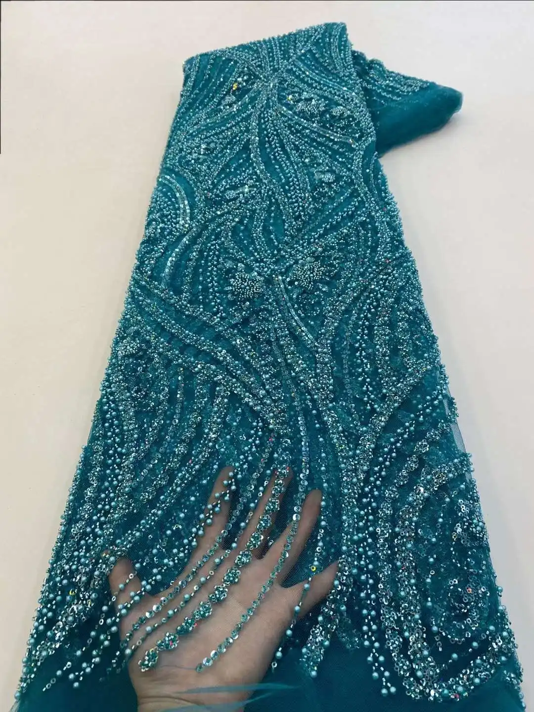 

Latest Handmade Beaded Lace Fabric Luxury Tulle Lace African Lace Fabric 2024 High Quality for Wedding Sewing