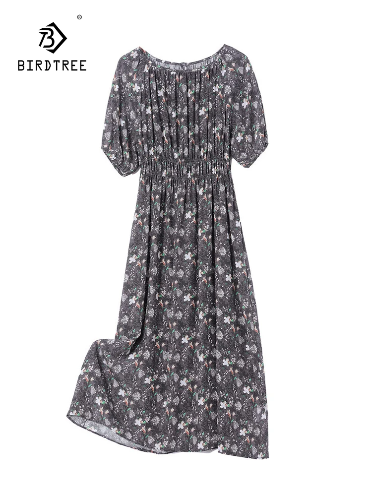 

BirdTree, 100%Real Silk Elegant Dresses, Women Short Sleeve O Neck Flower Printed, French Vacation Dress, 2024 Summer D455126QC
