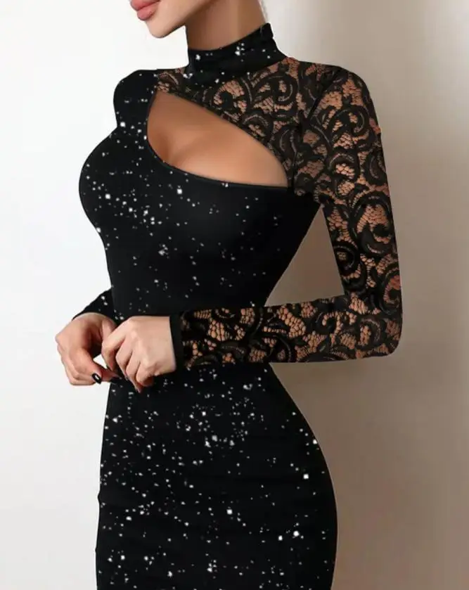 

Women's Dresses 2022 Summer Fashion Glitter Contrast Lace Sexy Cutout Plain Mock Neck Long Sleeve Bodycon Mini Party Dress