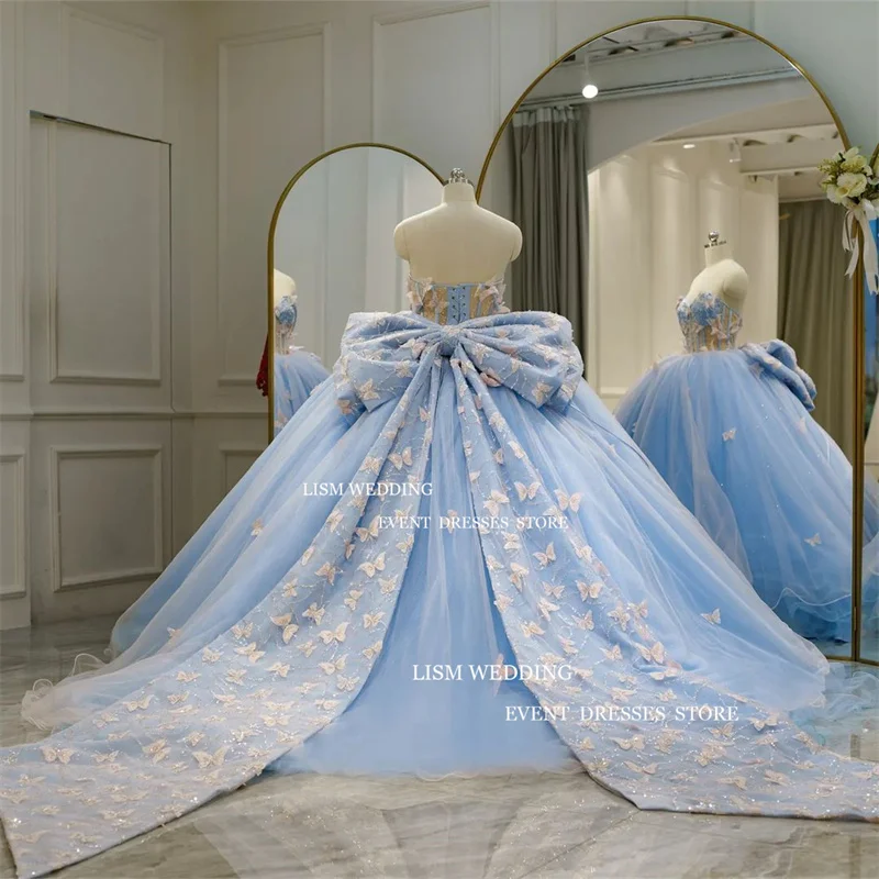 LISM Light Blue Butterfly Quinceanera Dresses With Cape Lace Applique Mexican Prom Birthday Sweet 16 Dress Vestidos De XV Anos quinceanera dresses